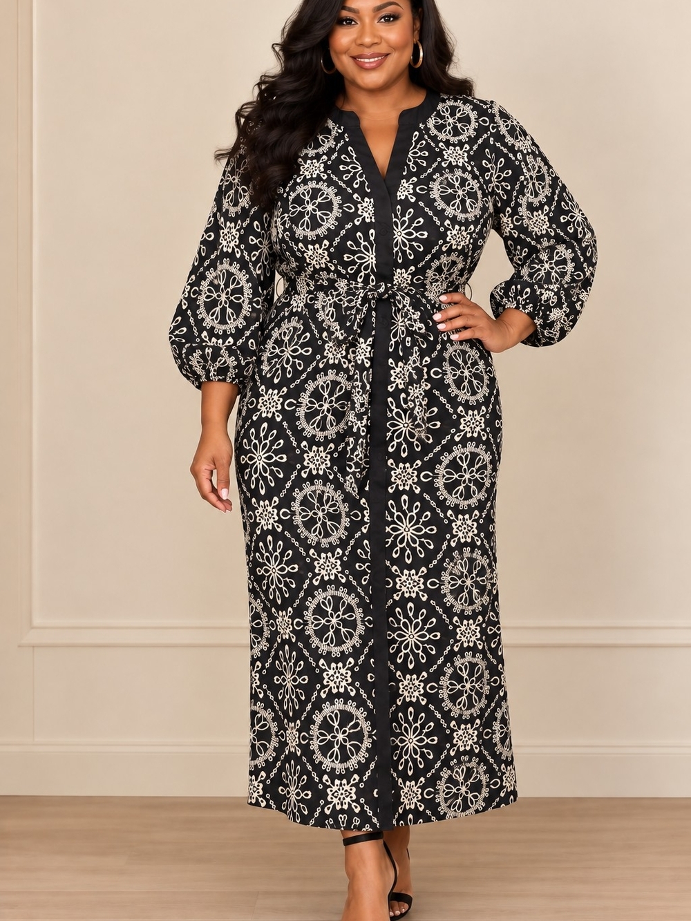 Worthington Black and Cream Printed Maxi Dress with Tie Waist